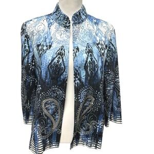 Chico's Paisley‎ Print Open Front Jacket with Sequin Accents Size M Career Linen